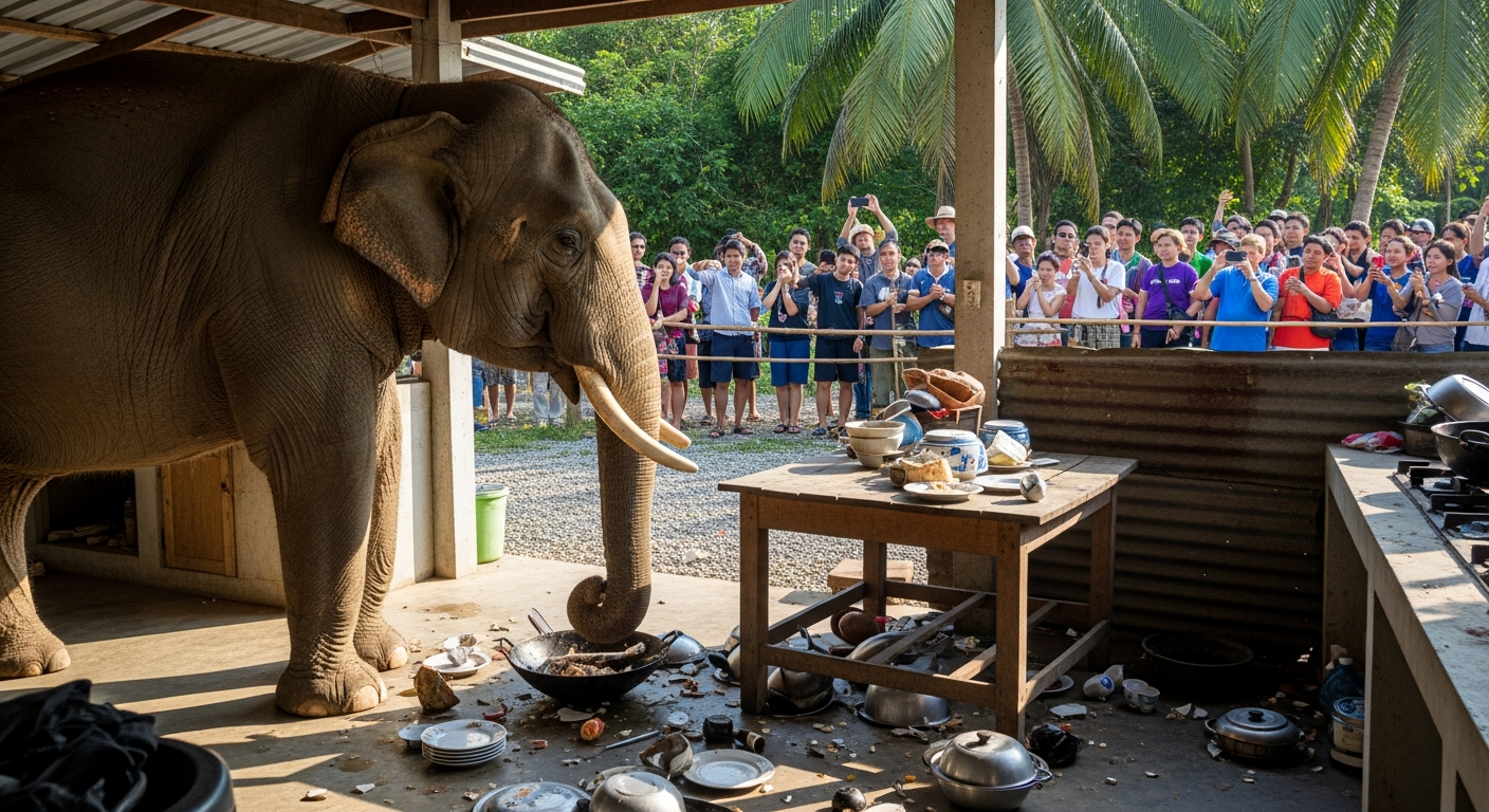 Дикий слон пробрался на кухню и съел рис в провинции Чаченгсао