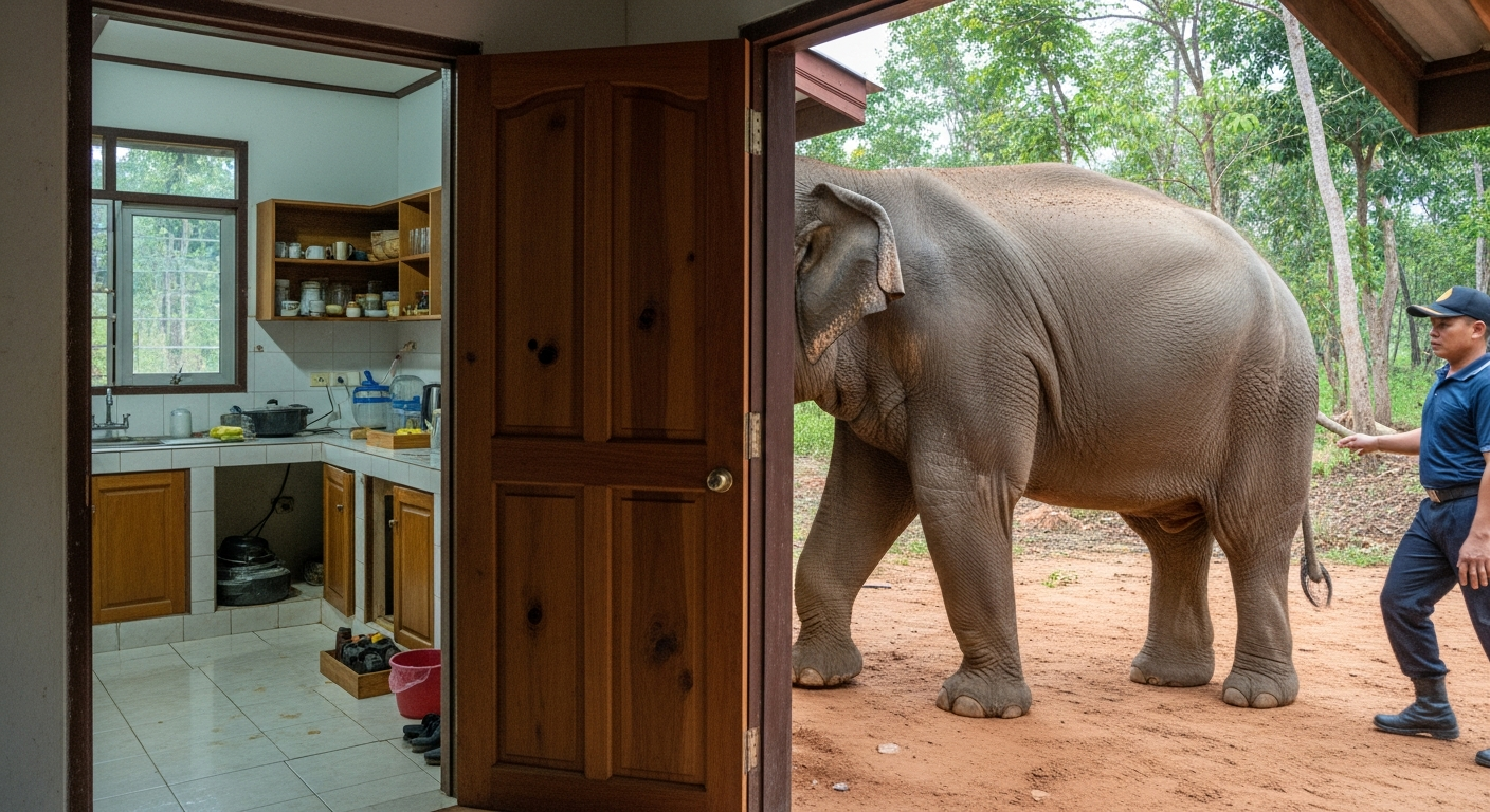 Дикое животное в доме: слон наведался на кухню в Таиланде