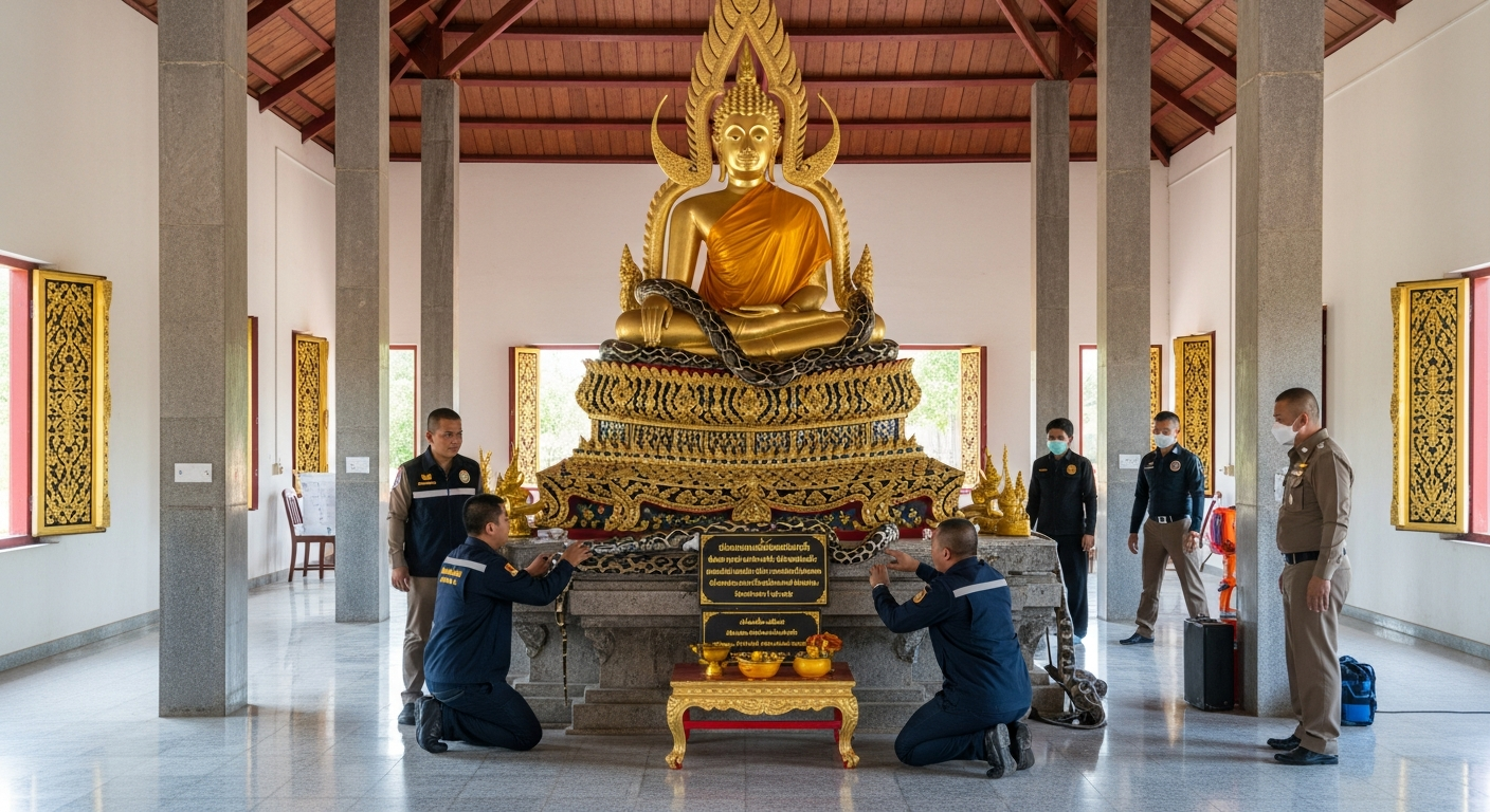 В Таиланде питон обвил голову статуи Будды в храме