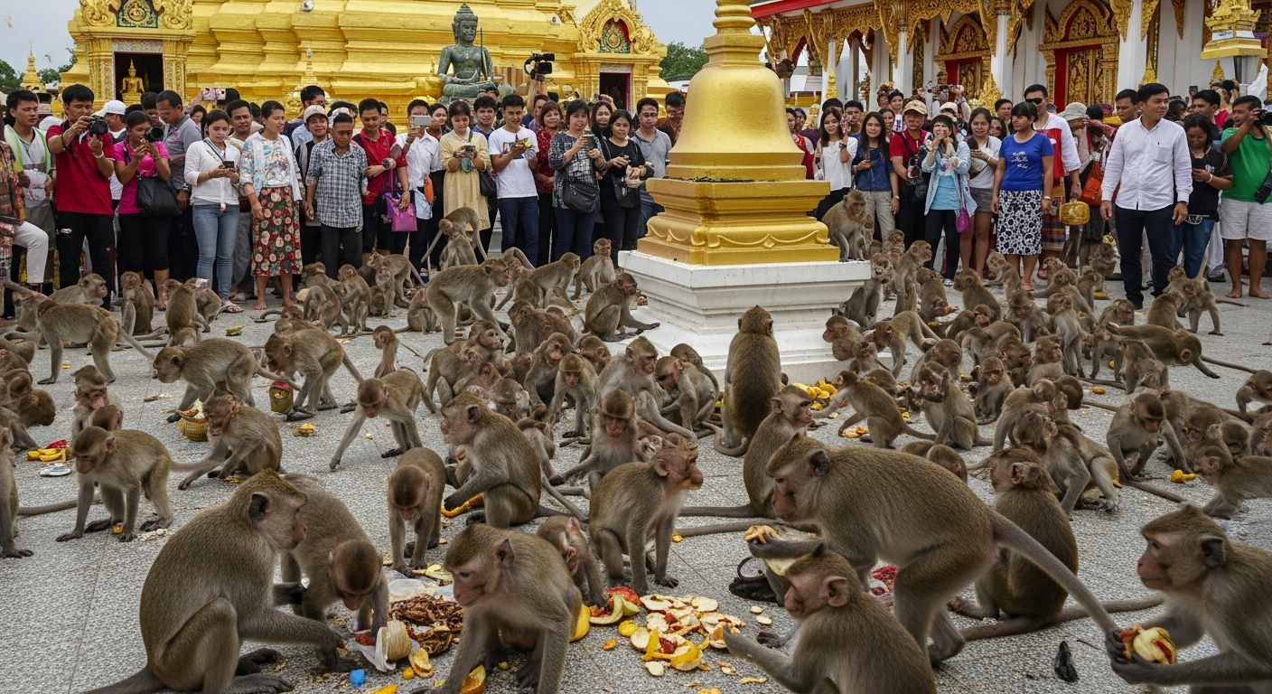 Засуха вынуждает обезьян искать еду и воду в храме на юге Таиланда