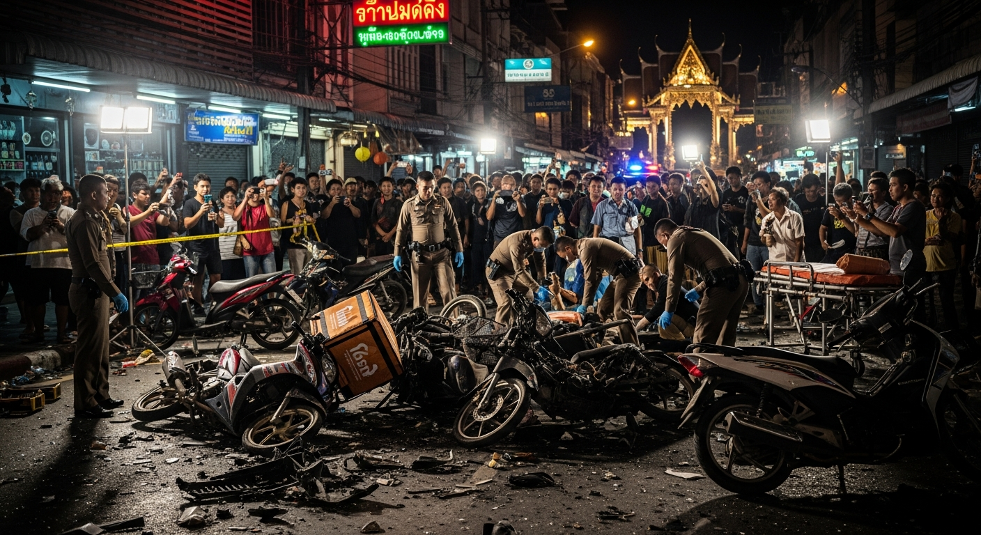 Массовое падение мотоциклистов на тайской дороге: причина в видео
