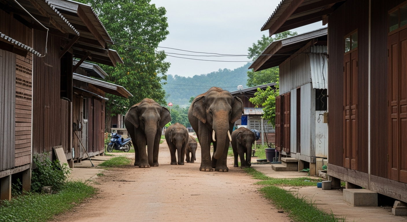 Стадо диких слонов из 30 особей вошло в деревню в Накхон Найок