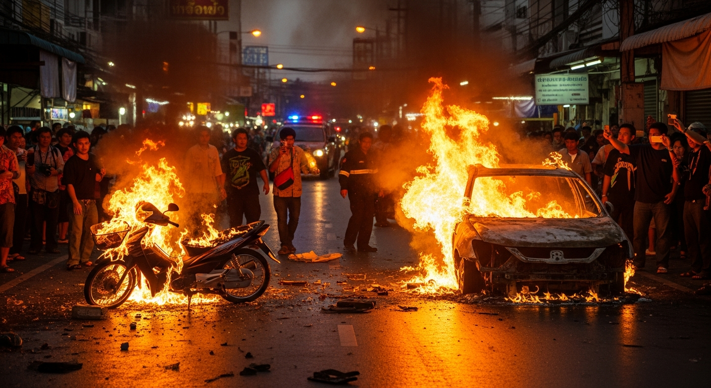 В Бангкоке огонь с мотоцикла перекинулся на автомобиль