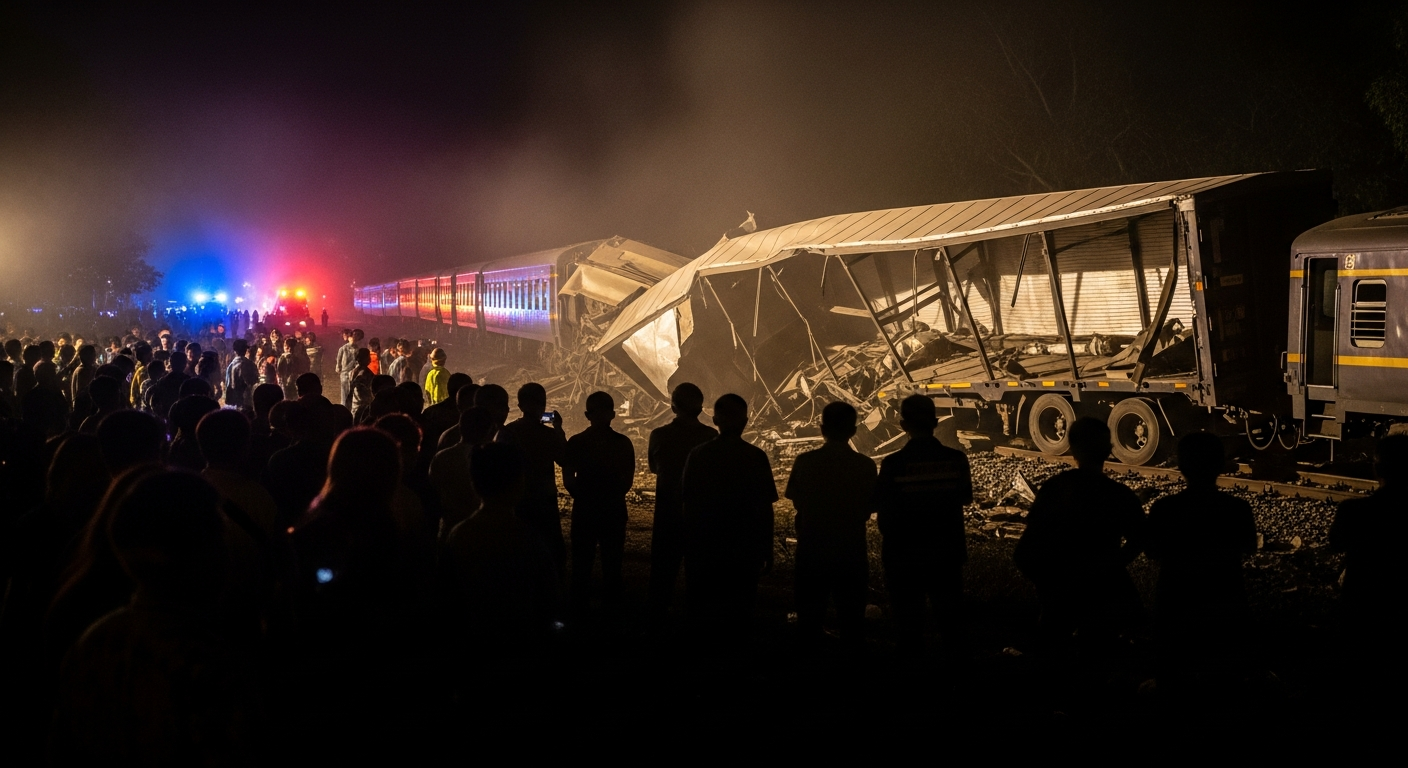 Столкновение поезда и трейлера в Таиланде: Фольксваген поглощен поездом, водитель чудом спасен