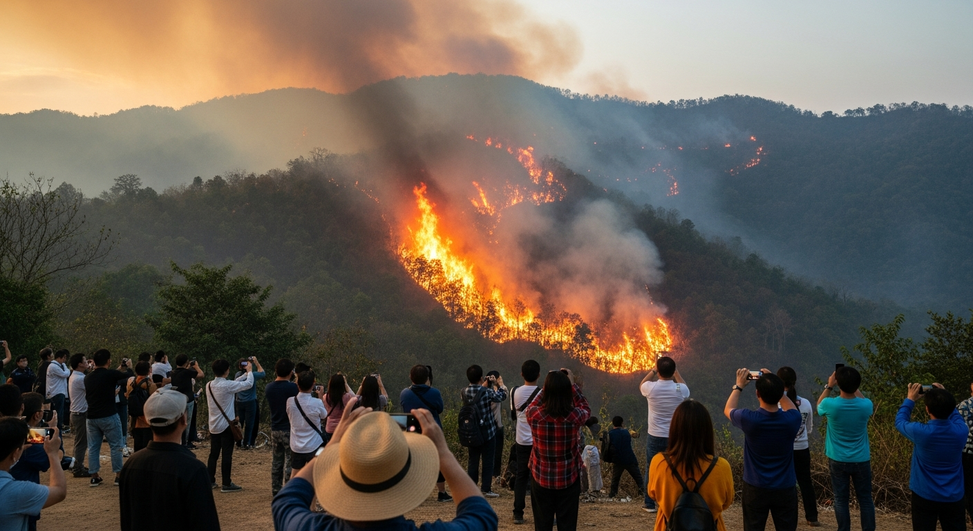 Пожарные борются с лесным пожаром у храма Дой Сутхеп в Чиангмае