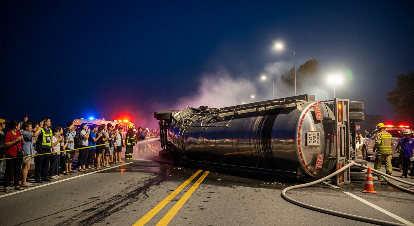Заправленный бензовоз перевернулся в Хуа Хине из-за усталости водителя