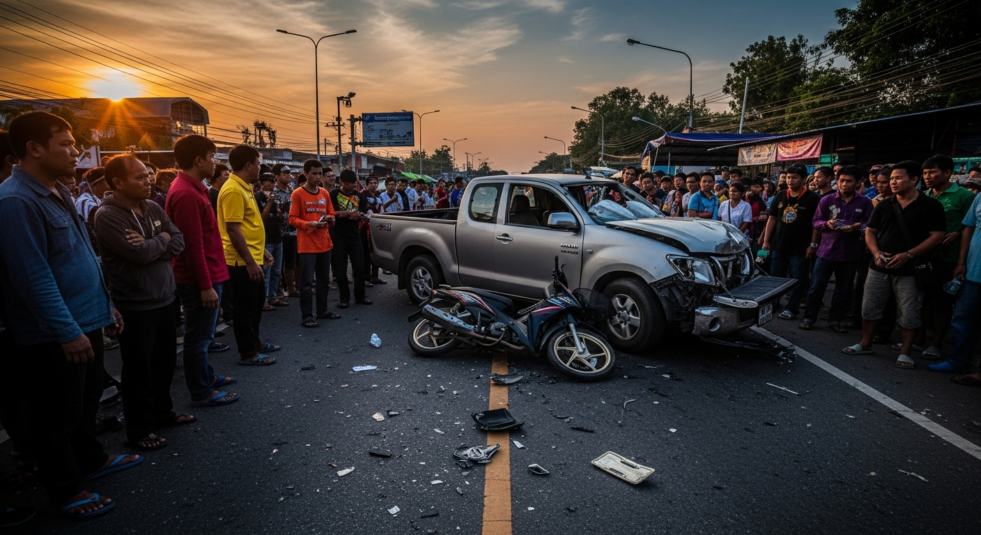 Женщина потеряла ногу и пережила выкидыш после столкновения мотоцикла с пикапом в Ратчабури