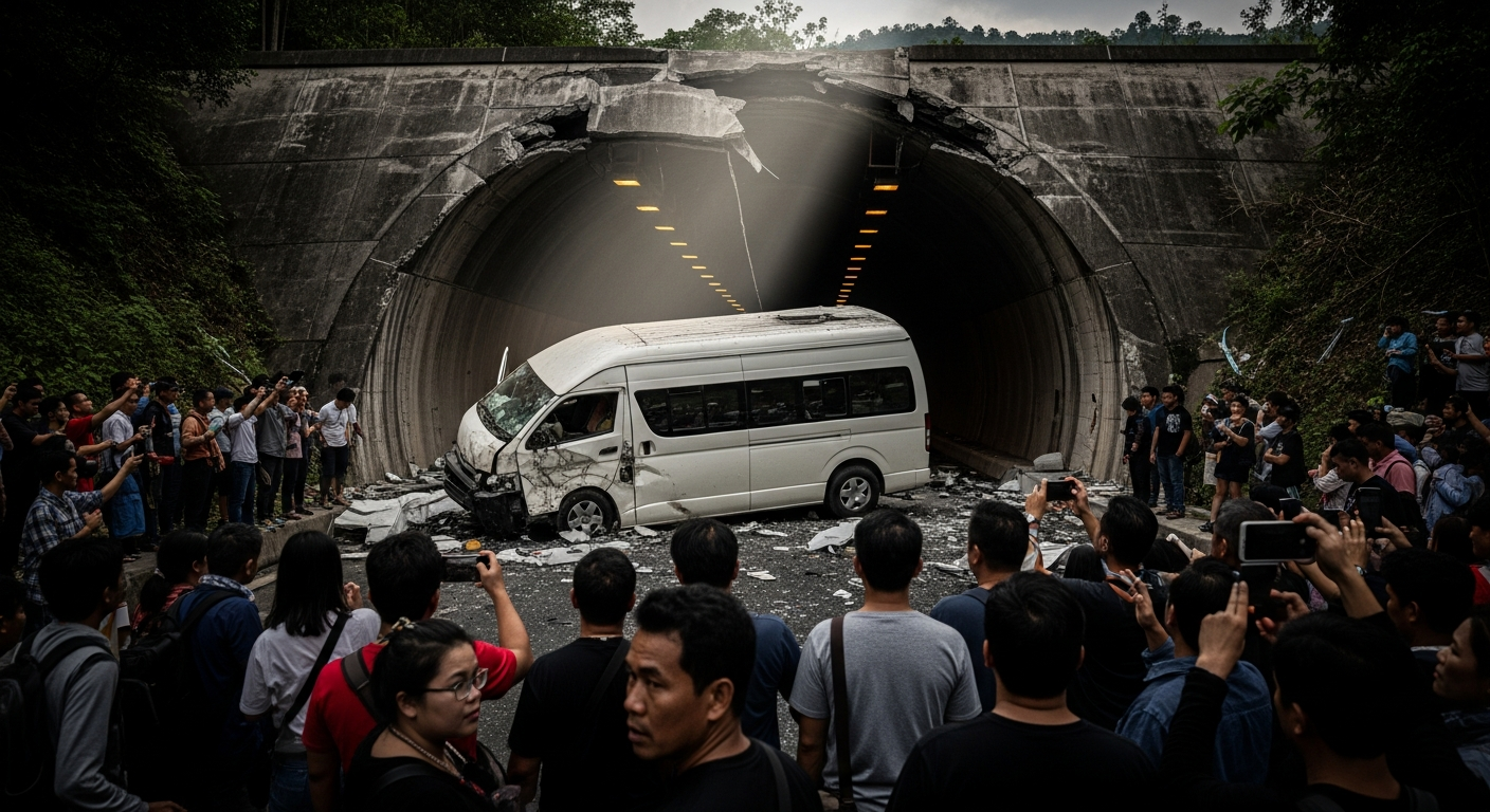 В Таиланде автомобиль для перевозки инвалидов протаранил низкий туннель, лишившись крыши
