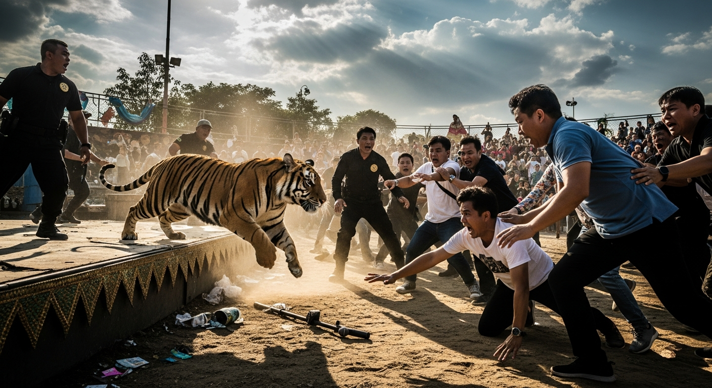 В Таиланде тигр сбежал во время представления и бросился на зрителей