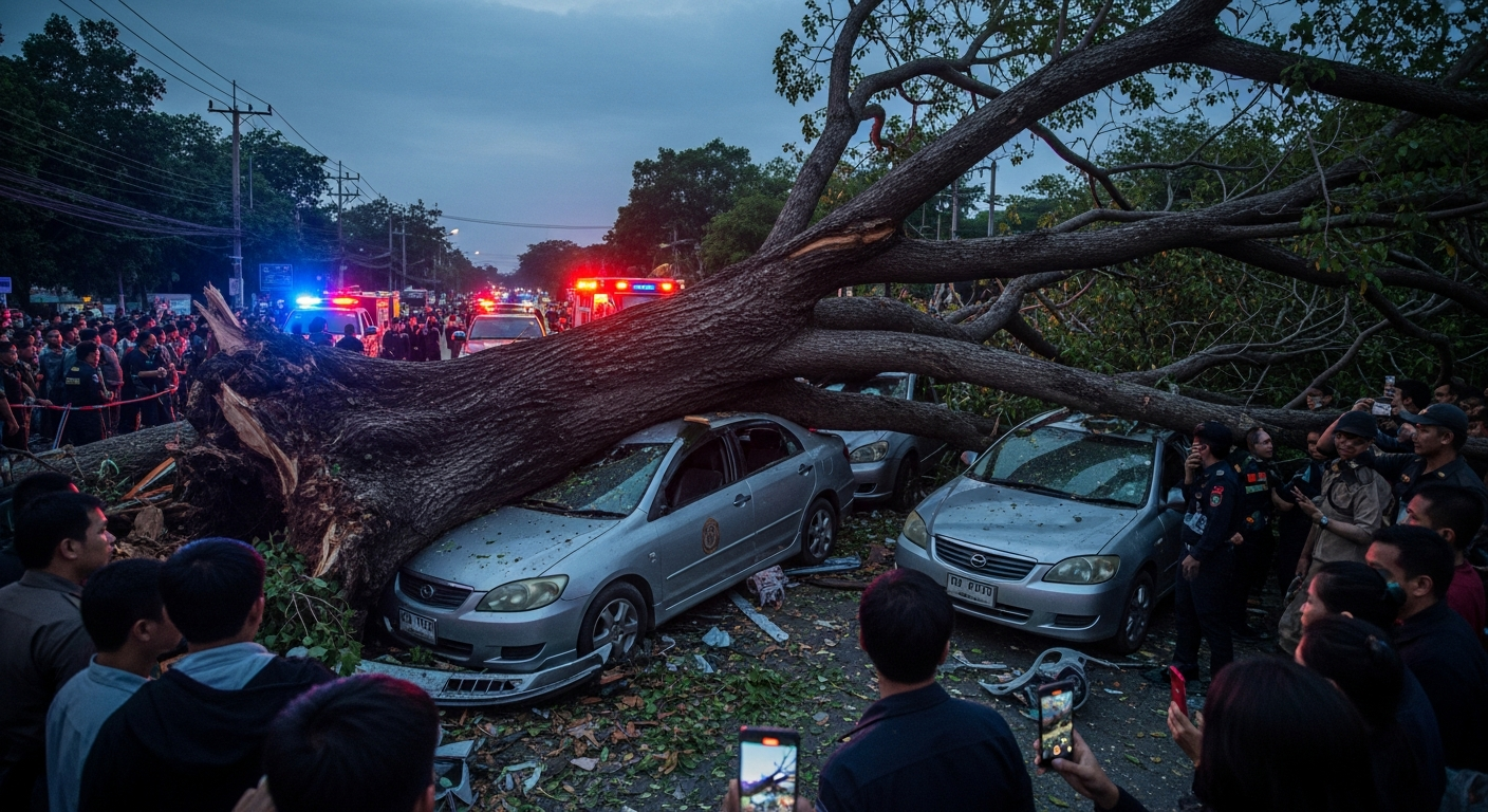 Древнее дерево рухнуло на машины и отключило электричество в Чиангмае