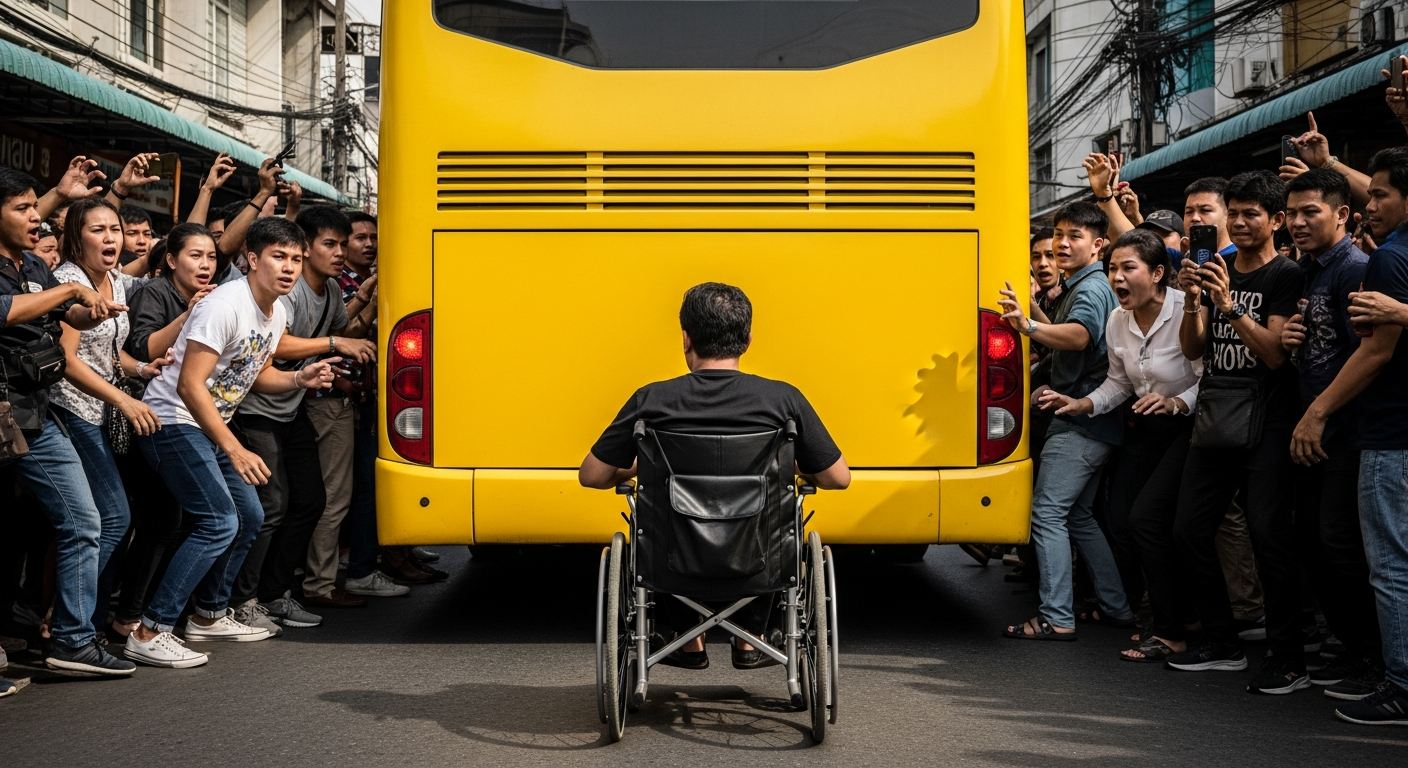 Пассажир на коляске перекрыл автобус в Бангкоке, требуя права на проезд