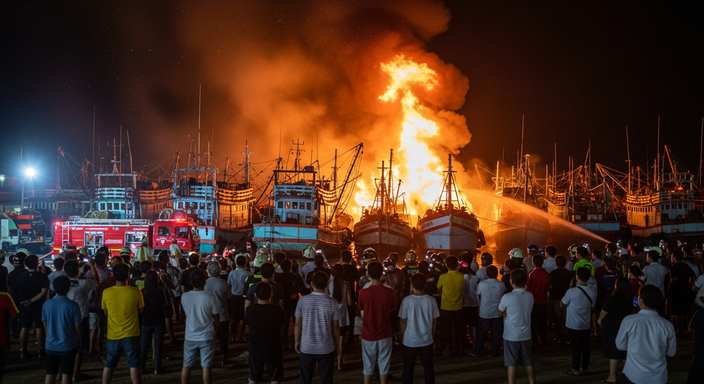 Пожар на пирсе в Накхонситхаммарате: огонь уничтожил 8 рыболовецких судов