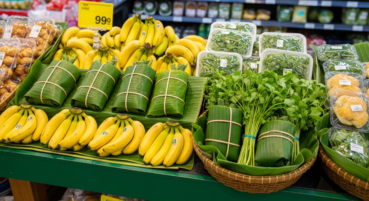 Супермаркет в Чиангмае отказался от пластика в пользу банановых листьев
